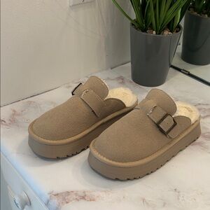 Cozy Taupe Suede-Look Fleece Lined Slip-On Clogs